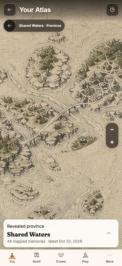 Muster’s illustrated Atlas map in its mobile interface, using a fictional play history.