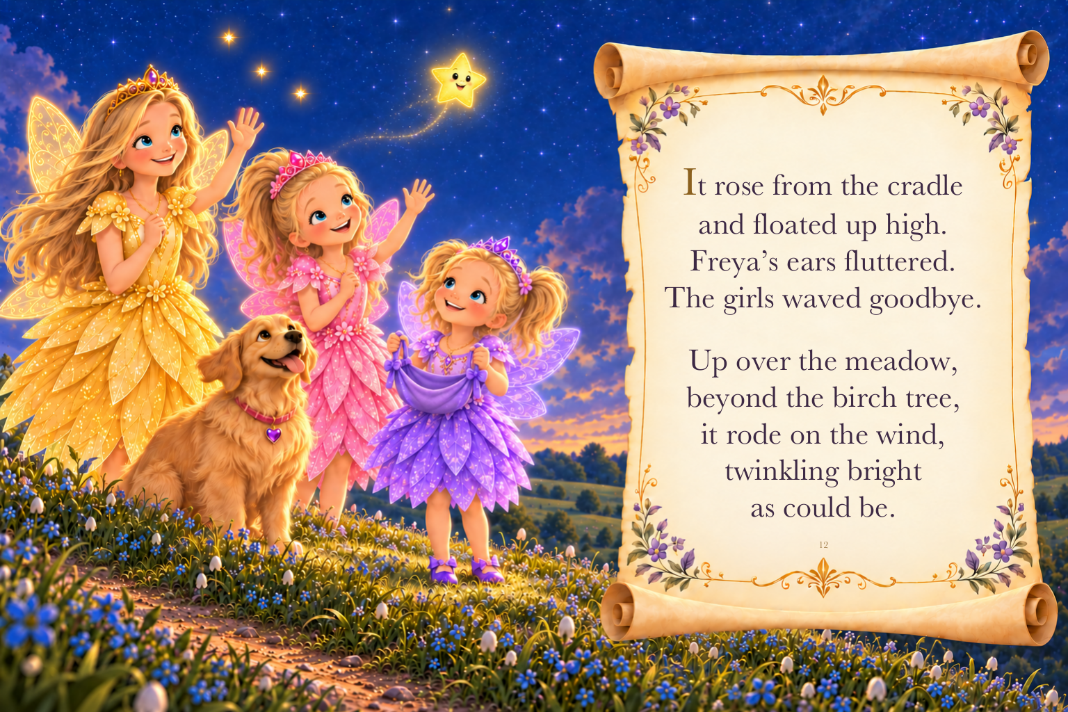 An approved page from The Little Lost Star, with three fairy characters and a golden retriever waving as a small golden star rises over a meadow, alongside the original verse on parchment.